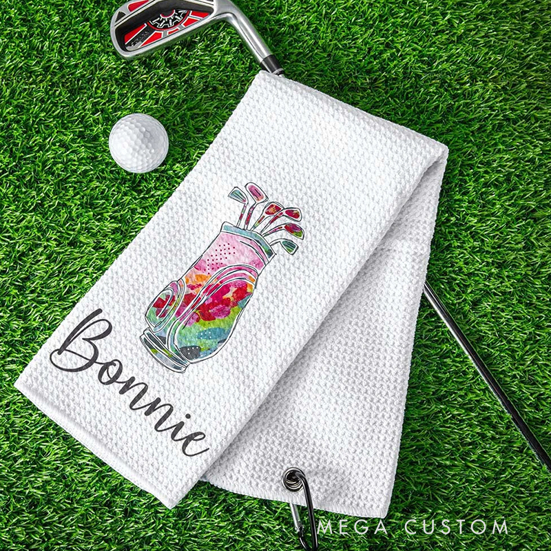 Personalized Golf Towel with Floral Golf Bag and Custom Name Design 