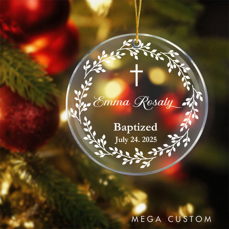 Personalized Cross Wreath Circle Acrylic Ornament with Name and Date Christening Keepsake Baptism Gift for Girl Gift for Goddaughte Religious Gift