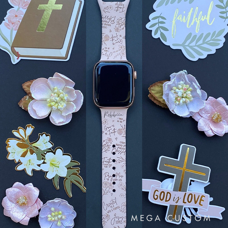 Personalized Floral Faith Silicone Watch Band with Name for Apple Watch Religious Christian Gift for Her
