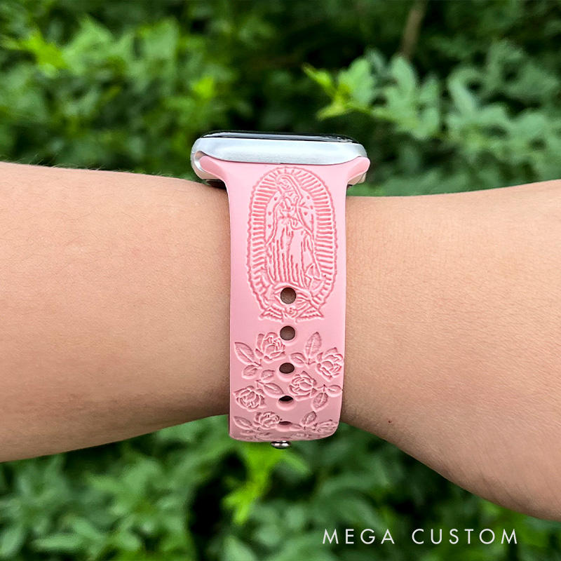 Personalized Virgin Mary with Cross Rose Silicone Watch Band with Name for Apple Watch Religious Christian Gift for Her