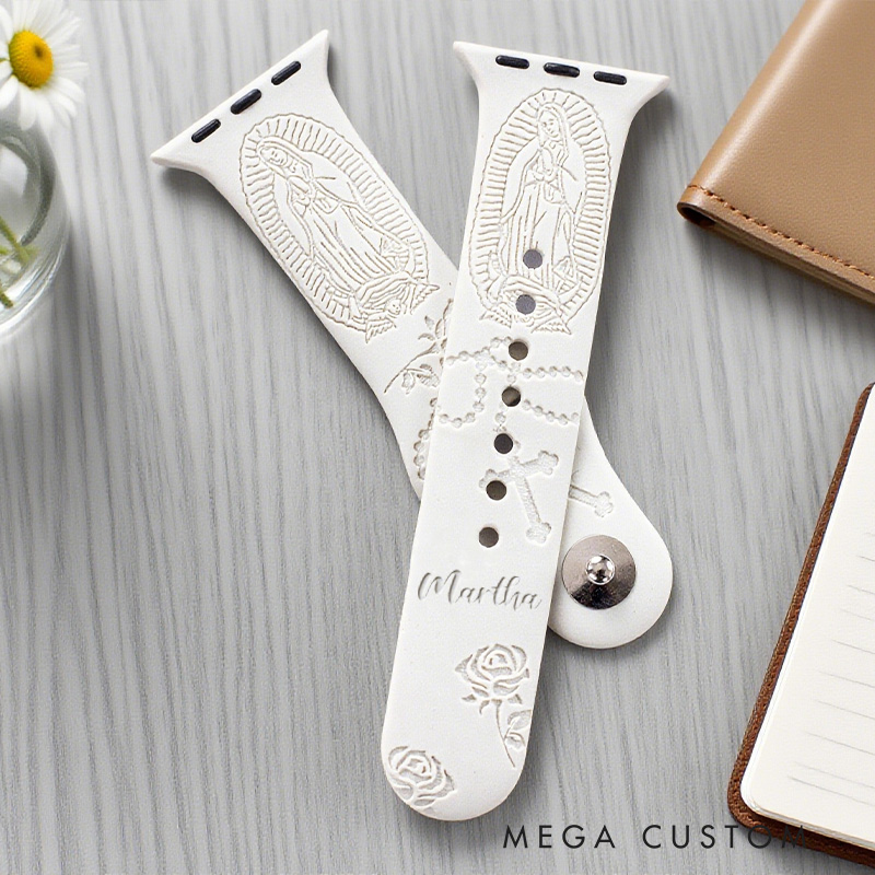 Personalized Virgin Mary with Rosa Cross Silicone Watch Band with Name for Apple Watch Religious Christian Gift for Her