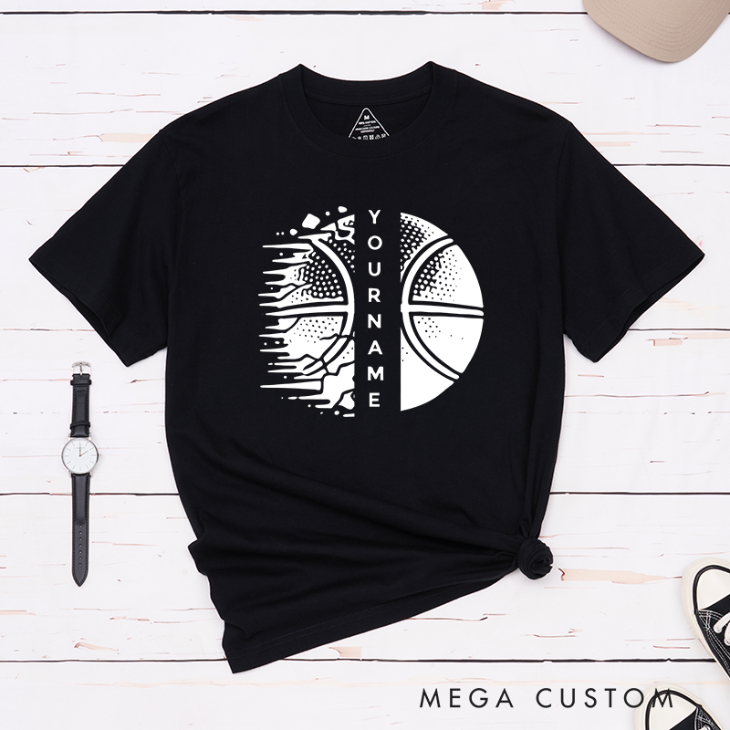 Personalized Basketball T-Shirt Design Featuring Custom Name Split Basketball Graphic with Dynamic Halftone and Shattered Effects