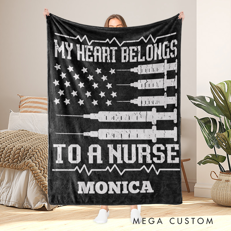 Personalized Nurse Practitioner Blanket Custom My Heart Belongs to a Nurse Design Blanket Nurse Appreciation Gift