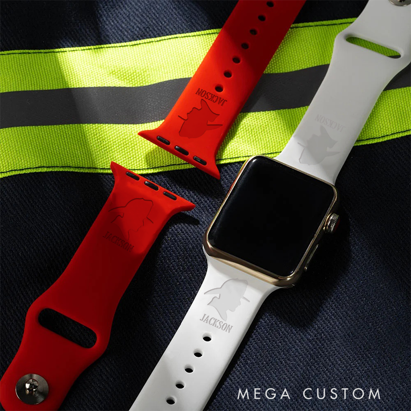 Personalized Firefighter Red Silicone Watch Band with Firefighter Silhouette Design Gift for Firefighters