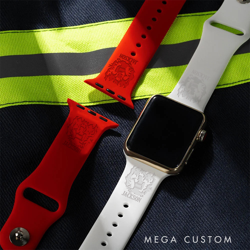 Personalized Firefighter Red Silicone Watch Band with Firefighter Crest Design Gift for Firefighters