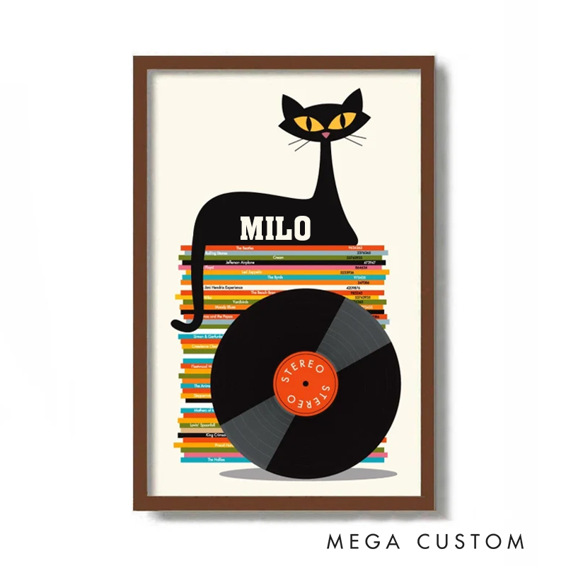 Personalized Black Cat Art Print Without Frame Rock Music Poster Mid Century Modern Print Atomic Cat Vinyl Record Storage Record Player