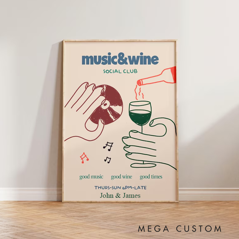 Personalized Music Poster Print Music & Wine Illustration Wall Art Wine Print Without Frame Wall Decor Retro Social Club Poster
