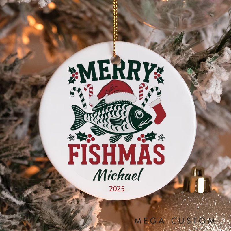 Personalized Fishing Christmas Ornament Merry Fishmas Ornament Custom Gift For Fisherman Gift For Fishing Lover Bass Fishing Ornament