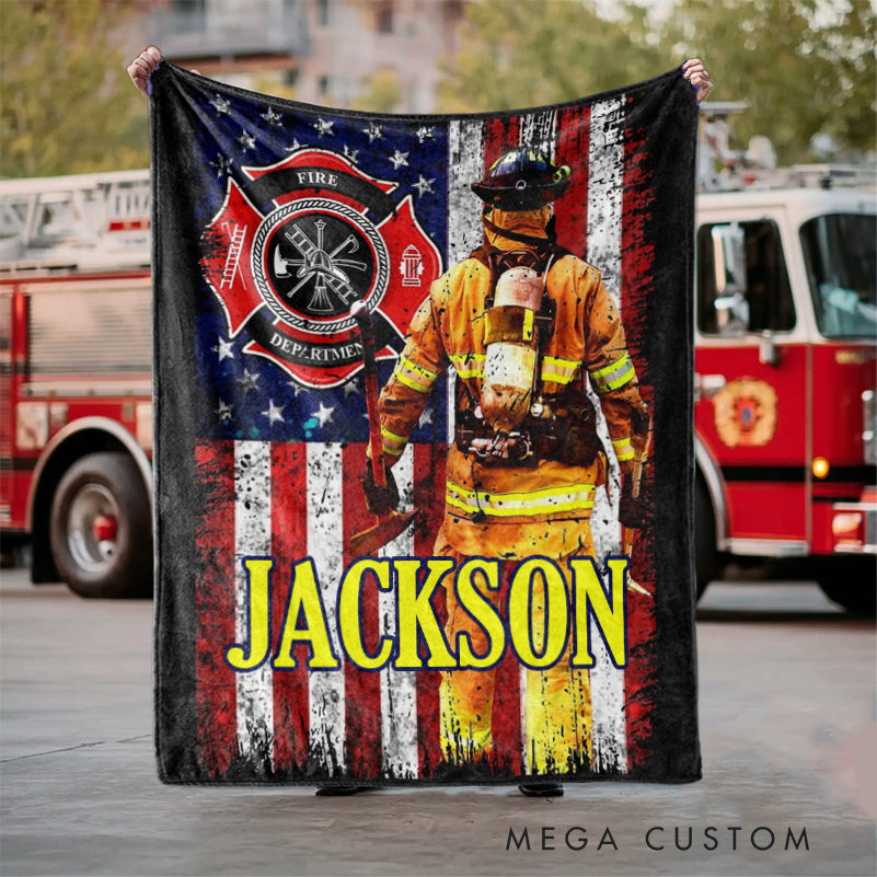 Custom Firefighter Blanket with American Flag and Firefighter Design Gift for Firefighters