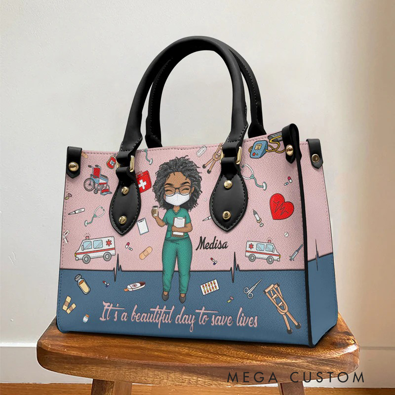 Personalized Leather Handbag Custom It’s a Beautiful Day To Save Lives Design Handbag Nurse Gift