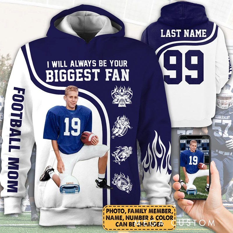 Personalized Football Hoodie with Custom Photo, Name, and Number Design