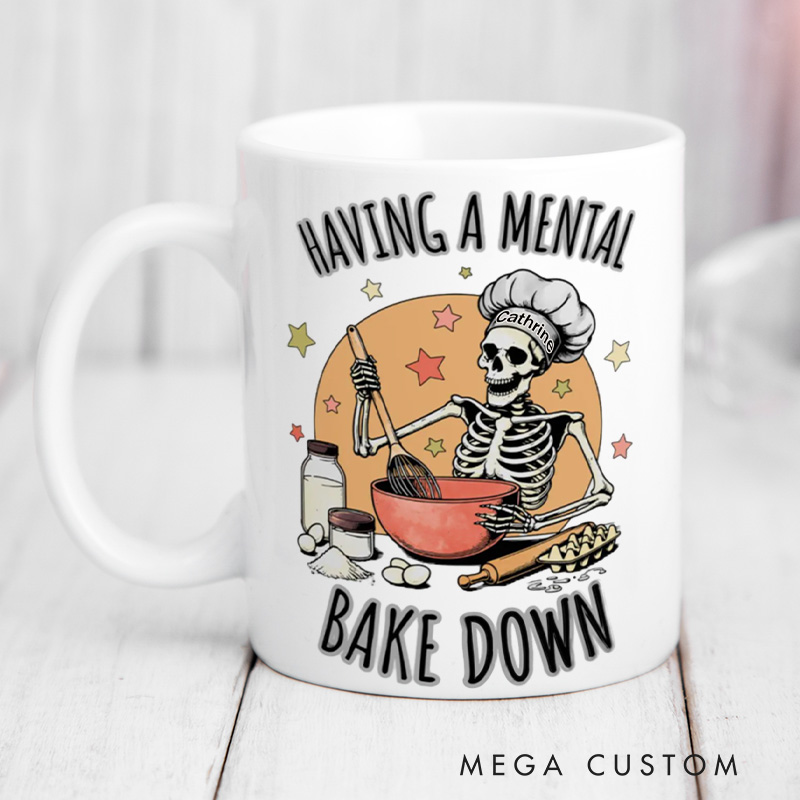 Personalized Having a Mental Bake Down Mugs Custom Skeleton Baker Cup with Name Halloween Baking Coffee Mug for Baking Lover Gift