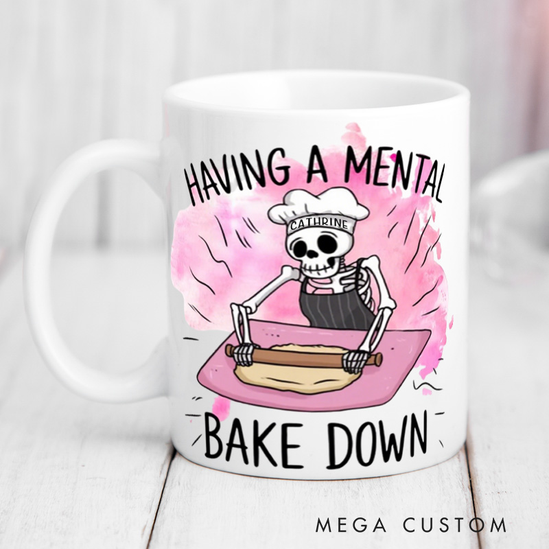 Personalized Having a Mental Bake Down Mugs Custom Halloween Skeleton Baking Cup with Name Baker Coffee Mug for Baking Lover Gift