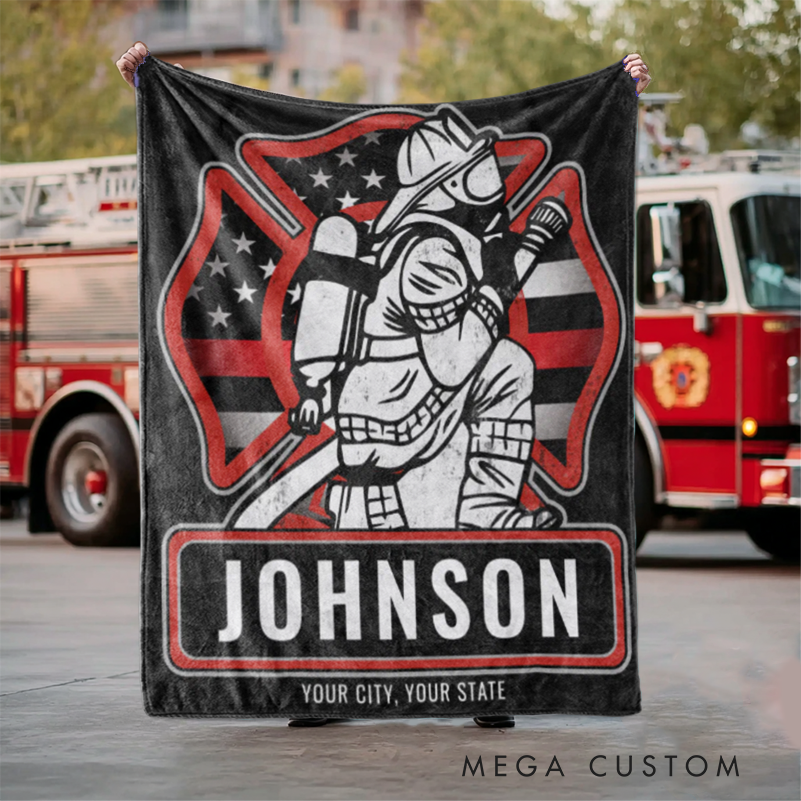 Personalized Firefighter Blanket with Firefighter Kneeling Design Gift for Firefighters