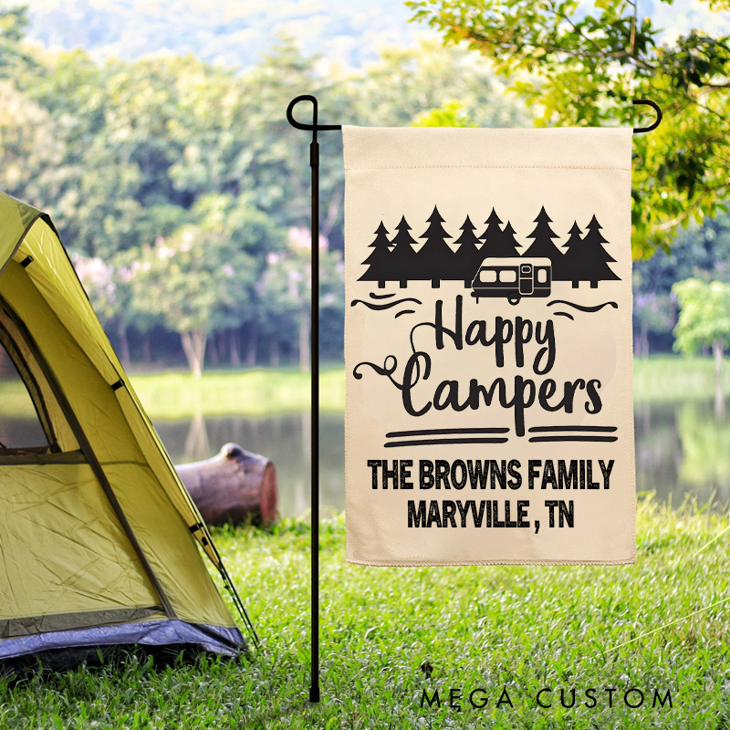 Personalized Happy Campers Garden Flag Custom Family Campsite Sign Gift for Outdoor Lover