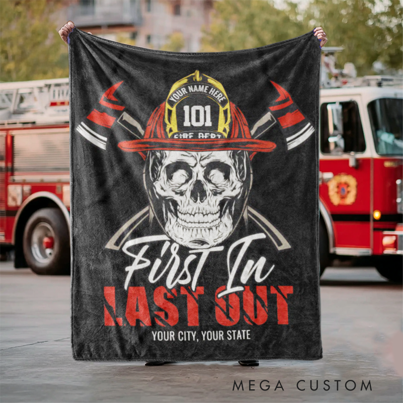 Personalized Firefighter Blanket with Skull and First In Last Out Design Gift for Firefighters