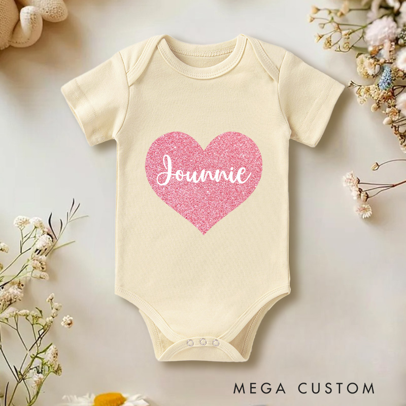 Personalized Pink Glitter Heart Baby Name Gifts for Newborn Pregnancy Announcement Natural Baby Onesie