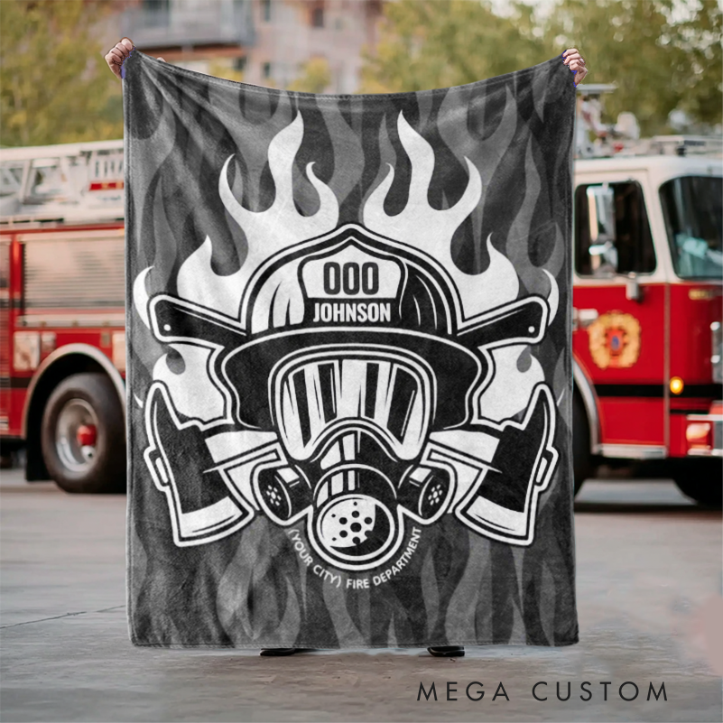Personalized Firefighter Blanket with Helmet Axes and Flames Design Gift for Firefighters