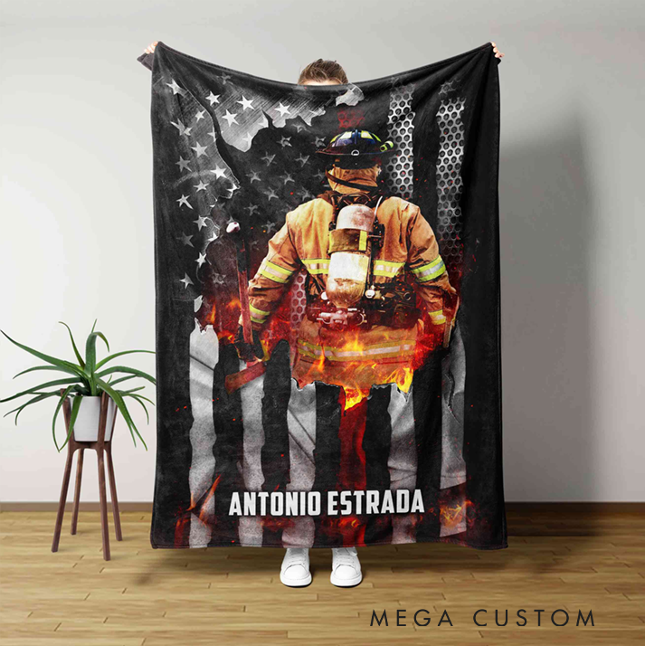Personalized Firefighter Blanket with Firefighter Silhouette and American Flag Design Gift for Firefighter
