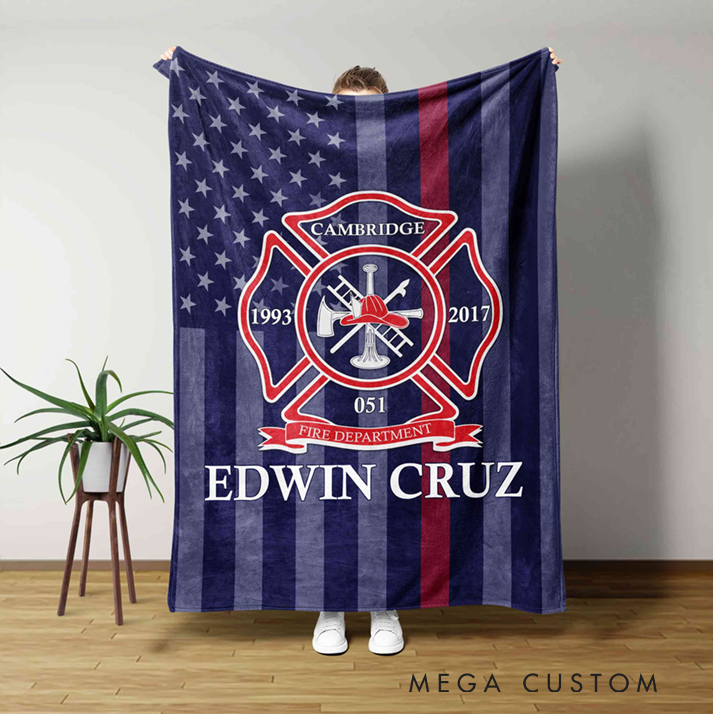 Personalized Firefighter Blanket with Maltese Cross and American Flag Design Gift for Firefighter