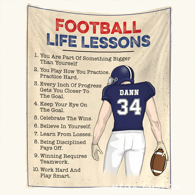 Personalized Football Blanket with Life Lessons and Custom Name Number Design
