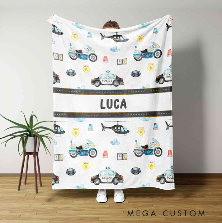 Personalized Police Themed Blanket Cartoon Police Vehicles Design Gift for Police Officer Kids 