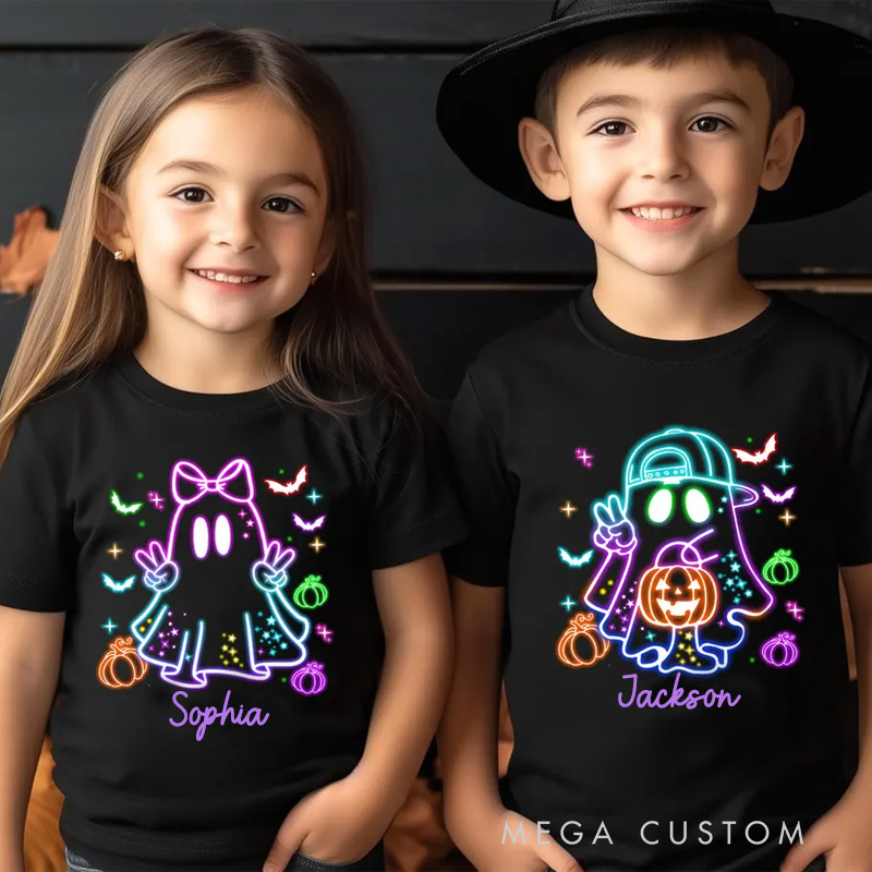 Personalized Kids Halloween Neon Shirt Cute Ghost Neon Halloween Ghost Shirt Funny Kids Gift