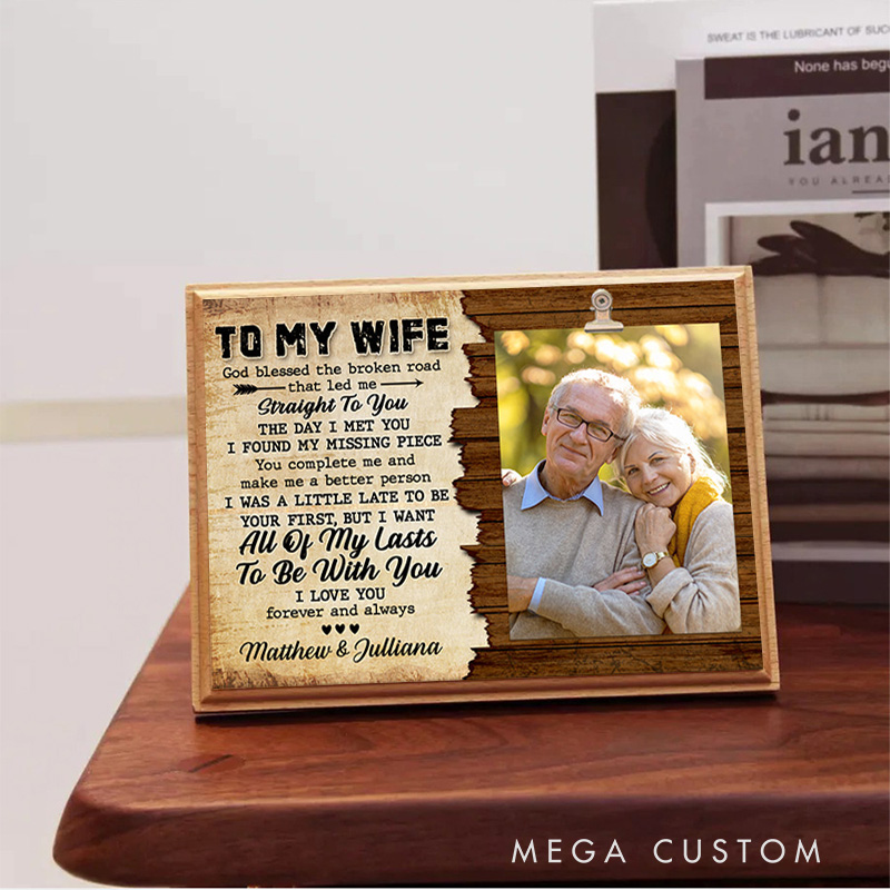 Personalized God Blessed Us I Love You Forever and Always Wood Photo Frame Stand with Photo and Names Home Decor Gift for Couples Gift to My Wife