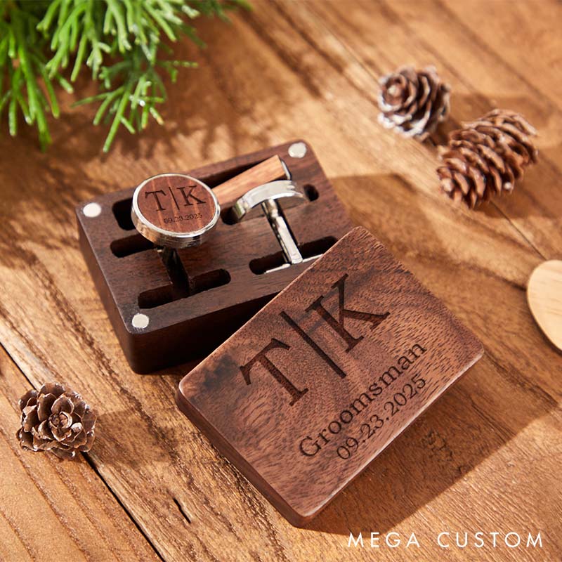Personalized Wooden Cufflink and Tie Clip Set Custom Groomsman Cufflinks Box Set Groomsman Proposal Gift Cufflink Wedding Party Favors Gift