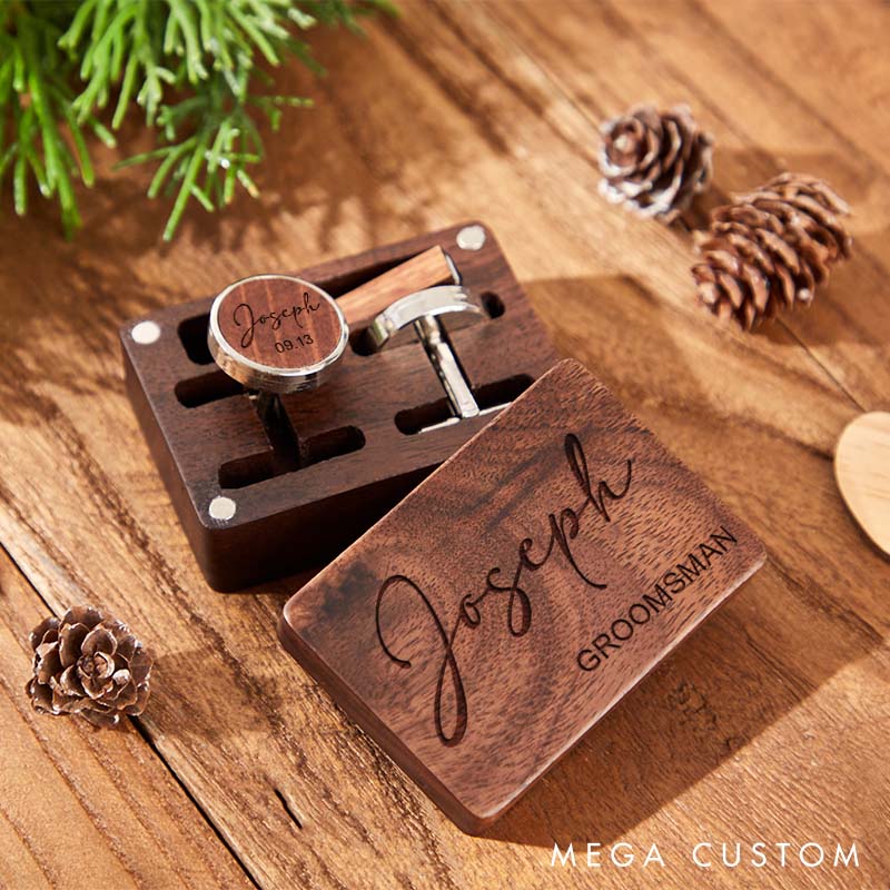 Personalized Groomsman Wooden Cufflink Box Set Custom Handcrafted Cufflinks Box Set with Tie Clip Groomsman Bachelor Party Favors Cufflink Men’s Cufflinks