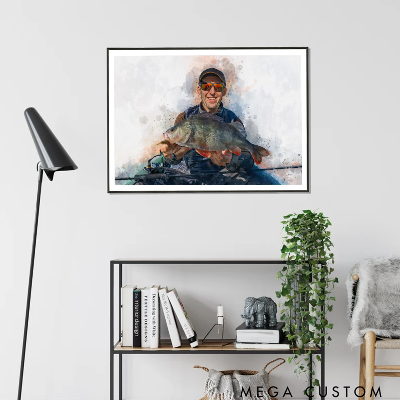 Personalized Digital Watercolor and Sketch Painting Fishing Photo Portrait From Photo Custom Vacation Photo Photo Gift for Fishing Lover
