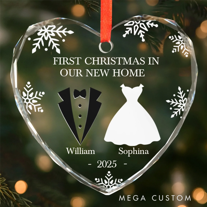 Personalized Heart Round Glass Ornament Custom Anniversary Christmas Wedding Gift for Husband and Wife Him and Her Our First Christmas in Our New Home