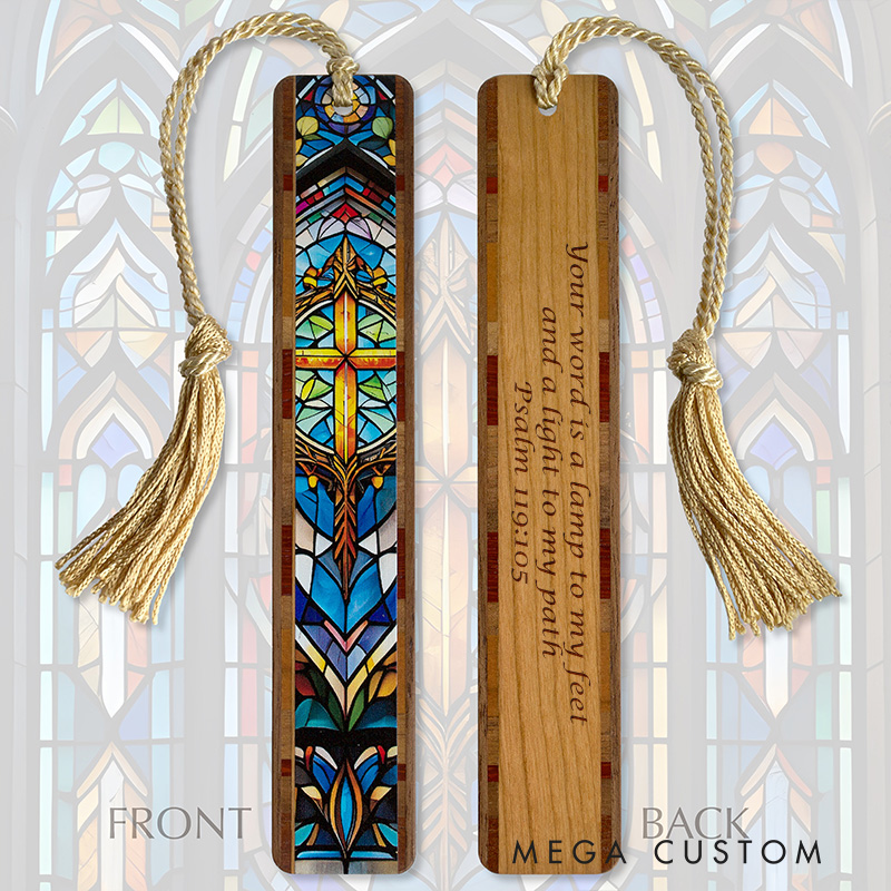 Personalized Gold Cross Stained Glass Design Handcrafted Wooden Bookmark with Tassel and Text Religious Gift for Christians Bookworms