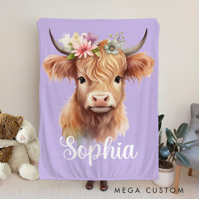 Personalized Cute Floral Highland Cow Soft Throw Baby Blanket with Name Birthday Gift for Highland Cow Lovers