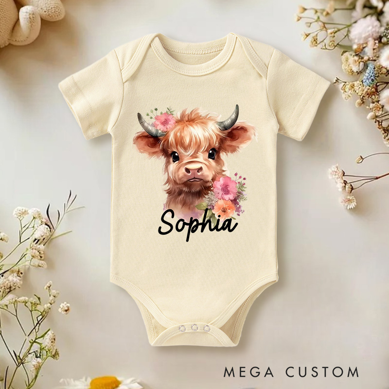 Personalized Flower Highland Cow Baby Onesie with Name Birthday Christmas Gift for Highland Cow Lover