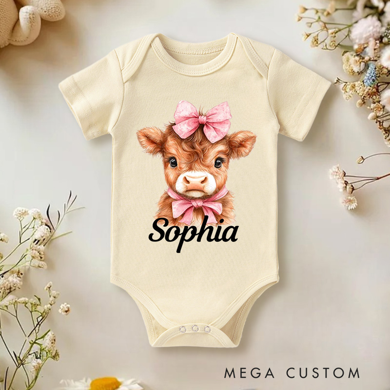 Personalized Flower Highland Cow Baby Onesie with Name Birthday Christmas Gifts for Highland Cow Lover