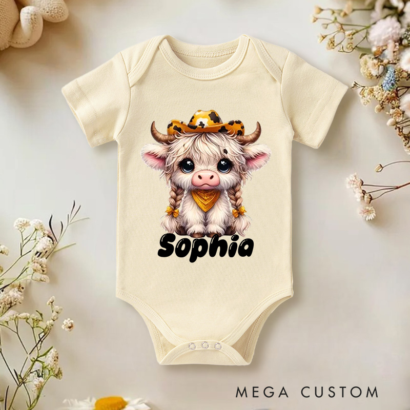 Personalized Flower Highland Cow Baby Onesie with Name Birthday Gifts for Highland Cow Lover