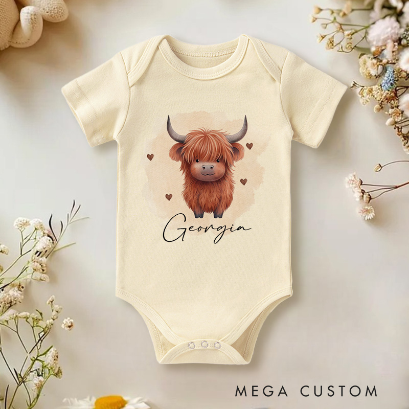 Personalized Highland Cow Baby Onesie with Name Birthday Gift for Highland Cow Lover