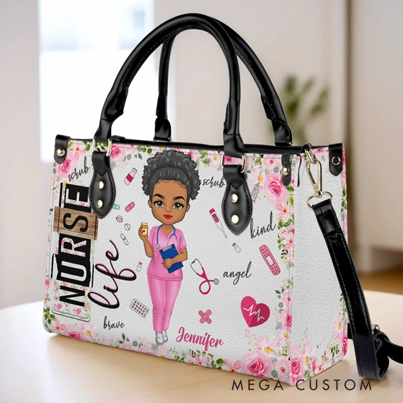Personalized Leather Handbag Custom Nurse Life Floral Design Handbag Nurse Gift