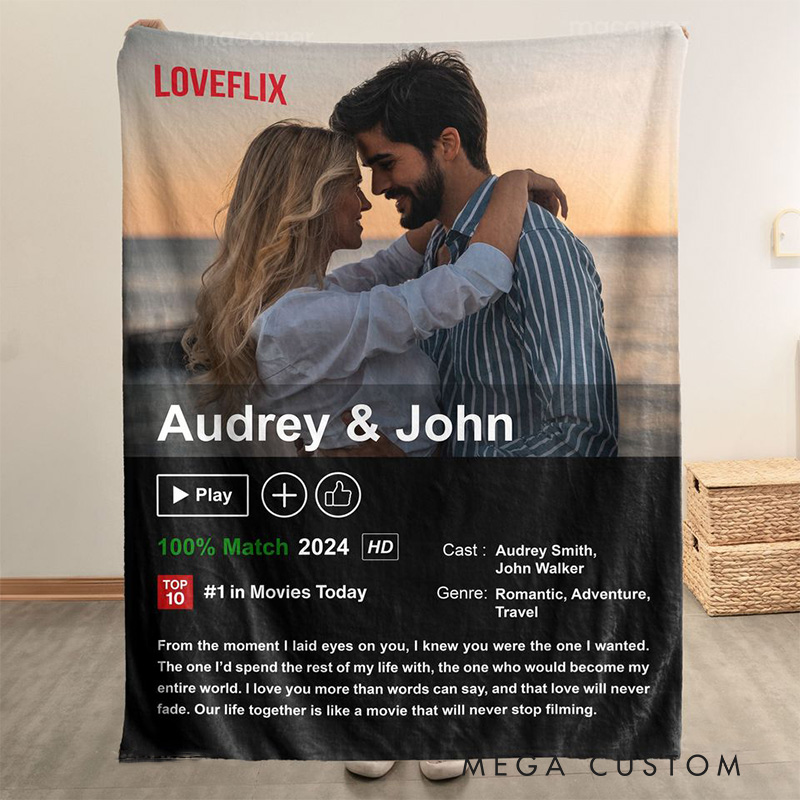 Personalized Loveflix Movie Blanket with Photo Couple Flannel Blanket Movie Blanket with Name Film Fan