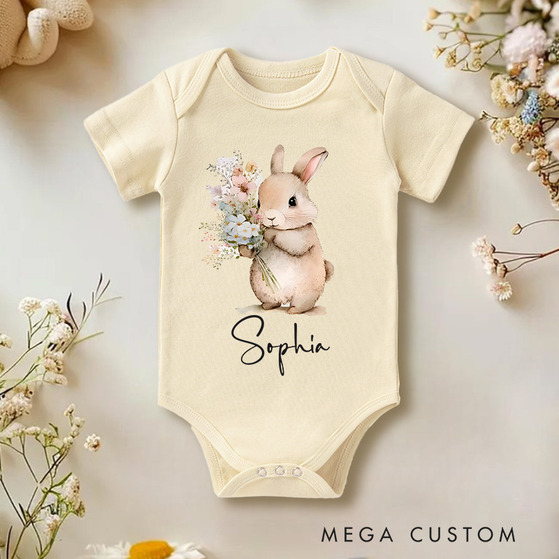 Personalized Easter Cute Bunny With Flower Baby Name Baby Onesie Gift for Newborn Easter Gifts 