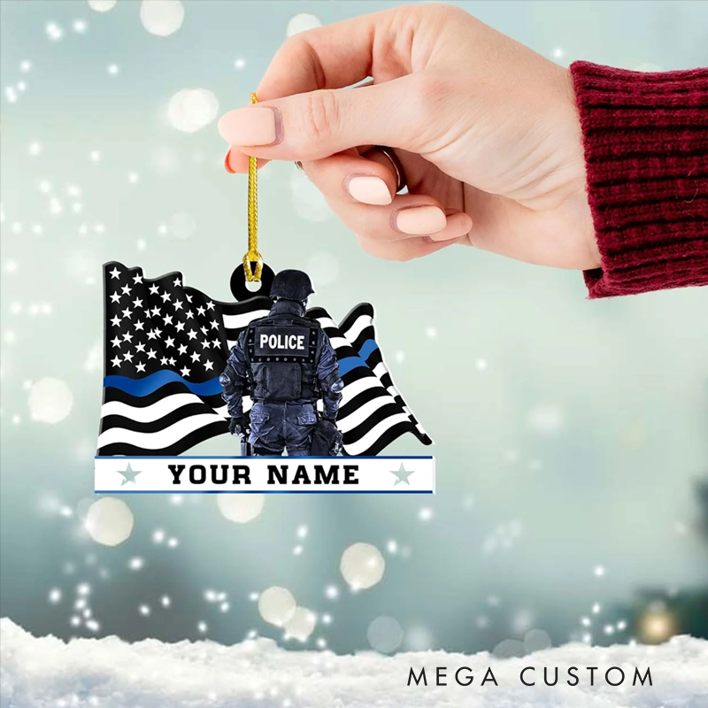 Personalized Police Officer Christmas Ornament with Thin Blue Line Flag Design Gift for Police