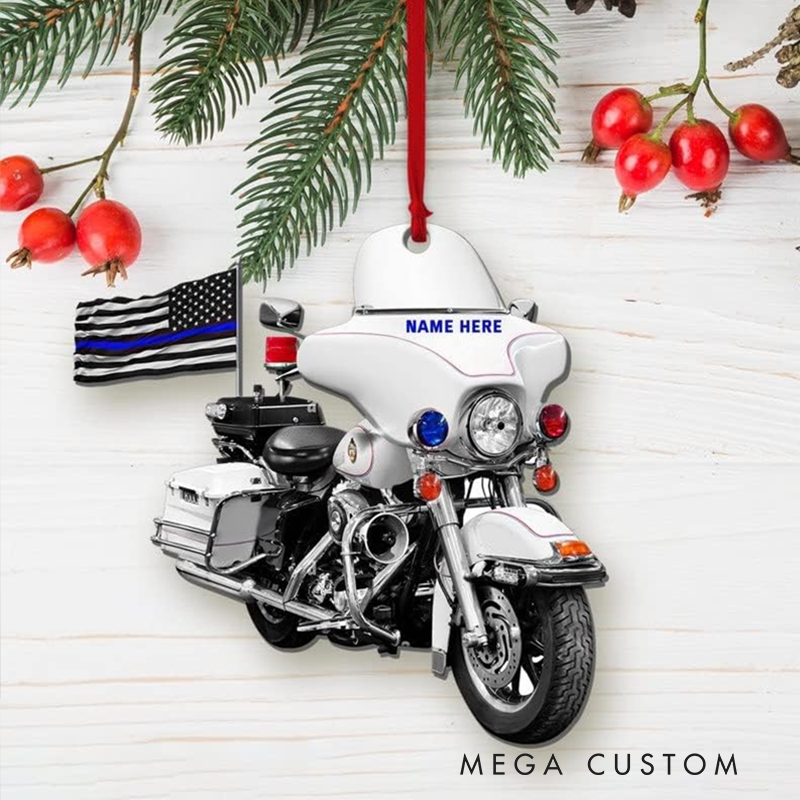 Personalized Police Motorcycle Christmas Ornament with Thin Blue Line Flag Gift for Police