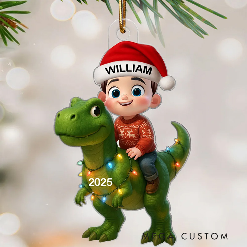 Personalized 3D Effect Cute Cartoon with Dinosaur Christmas Flat Acrylic Ornament