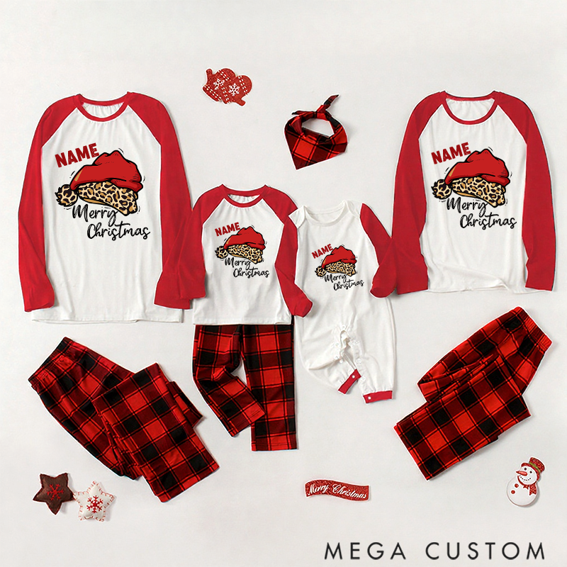 Personalized Family Christmas Gift Leopard Santa Hat Pattern Design Family Matching Pajamas