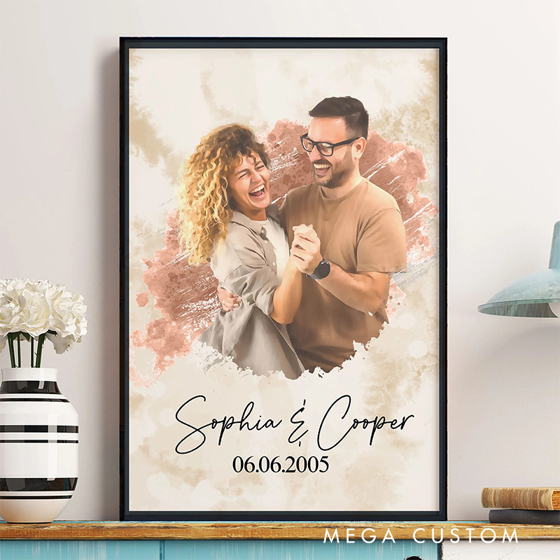 Personalized Watercolor Style Photo Wall Art For Couples Anniversary Poster Without Frame Custom Art Lover Gift Custom Portrait