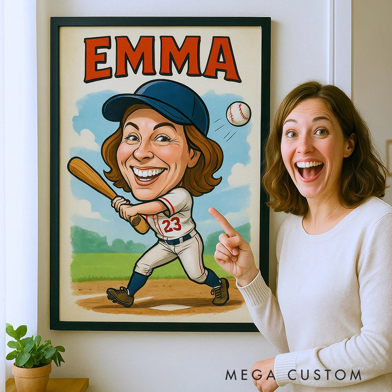 Personalized Baseball Caricature from Photo Wall Art Poster Without Frame Funny Hand Drawn Style Art Gift for Baseball Fans and Athletes 