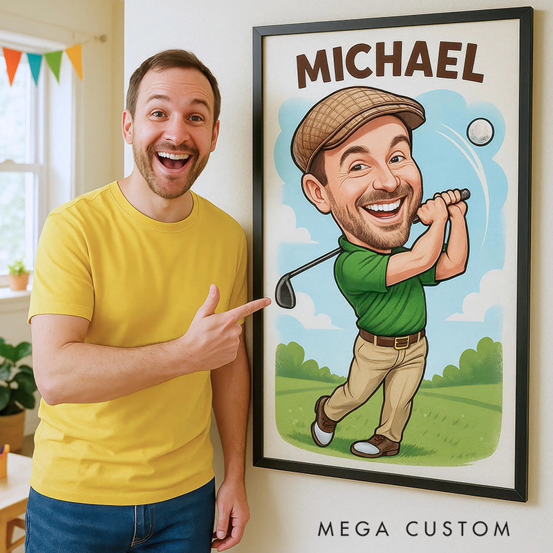 Personalized Golf Caricature Wall Art Poster Without Frame Funny Cartoon Art Gift with Custom Name  