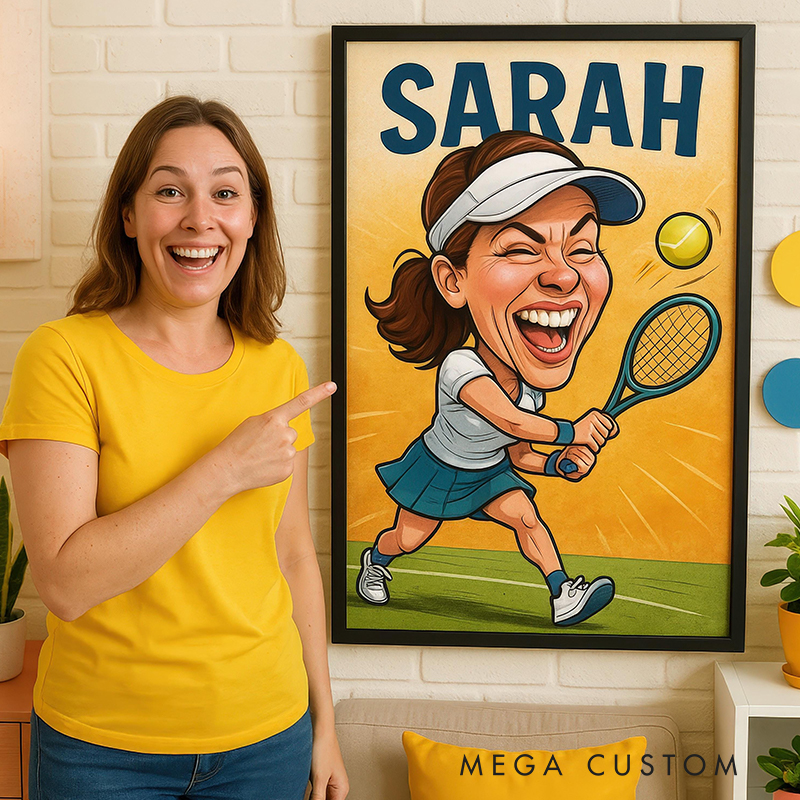 Personalized Funny Tennis Caricature Portrait from Your Photo Wall Art Poster Without Frame with Custom Name    