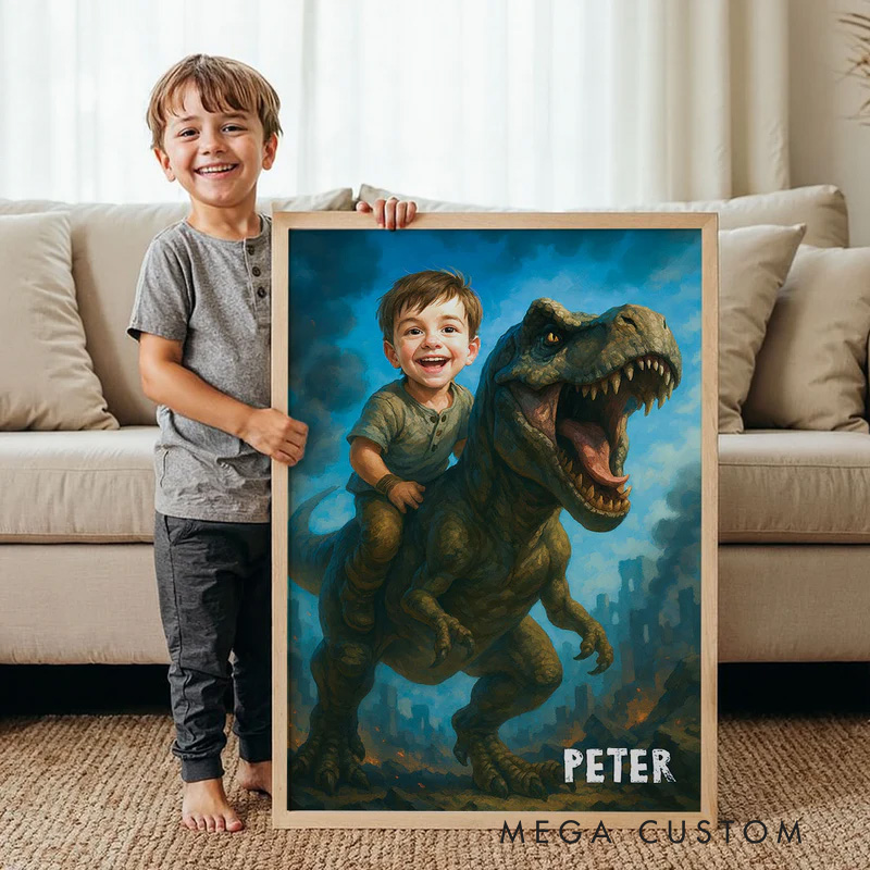 Personalized Child Riding Dinosaur Art Custom Portrait from Photo Personalized Poster Dinosaur Birthday Party Christmas Gifts for Kids and Grandkids